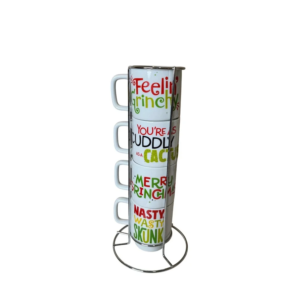 Dr. Seuss The Grinch Christmas Holiday Set Of 4 Mugs Stacker w/ Rack Holiday